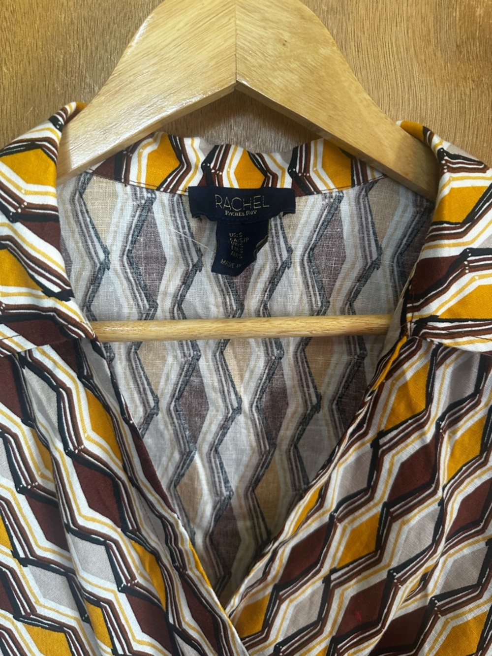 New RACHEL Rachel Roy Yellow and Brown Geometric Wrap Linen Top Tie Waist S NWOT - Picture 6 of 8